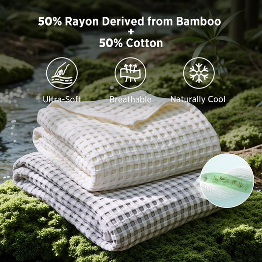 Bedsure Cooling Waffle Blanket for Hot Sleepers, Ivory, Queen, 90"x90"