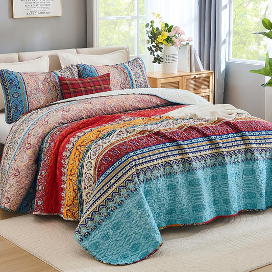 WONGS BEDDING Quilt Set King Size, Boho Stripe Bedding Set, Blue Red