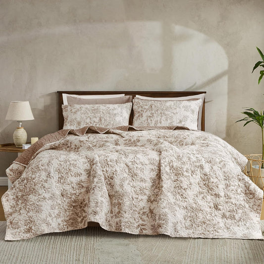 Wonderful - Taupe Floral Quilt King Size, 3-Piece Breathable Cotton Face Bedding Set, Neutral Vintage Farmhouse Rustic Lightweight Bedspread for All Season