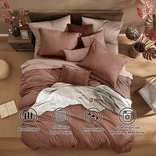Monbix Queen Comforter Set 7 Pieces Terracotta Cationic Dyeing Bed in a Bag