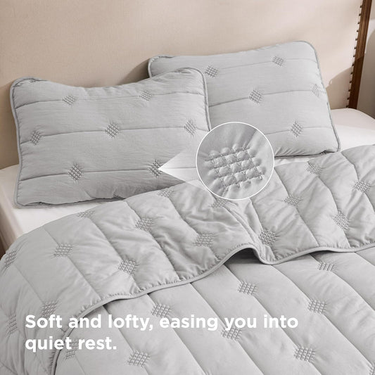 Bedsure Lightweight Comforter Queen Size – Extra Soft & Breathable Quilt Set, 3 Piece Prewashed Cotton-Like Polyester Bedding, Includes 1 Quilt 90x96 Inches with 2 Shams, Machine Washable, Light Grey