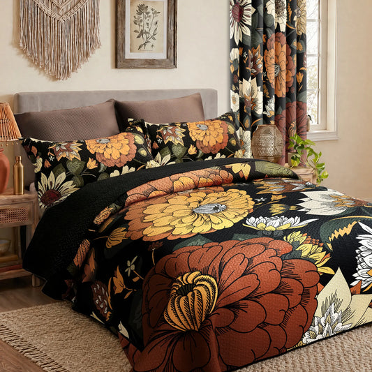 Tyrot 3-Piece Queen/King Fit Bohemian Quilt Comforter Set - Set Includes Wrinkle-Resistant Microfiber Coverlet, 2x20"x26" Shams, Farmhouse Botanical Mid-Century Leaves, Reversible Breathable Fade-Proof All-Seasons Black Bedding (Queen Size)