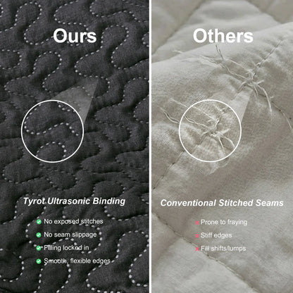 Tyrot 3-Piece Queen/King Fit Bohemian Quilt Comforter Set - Set Includes Wrinkle-Resistant Microfiber Coverlet, 2x20"x26" Shams, Farmhouse Botanical Mid-Century Leaves, Reversible Breathable Fade-Proof All-Seasons Black Bedding (Queen Size)
