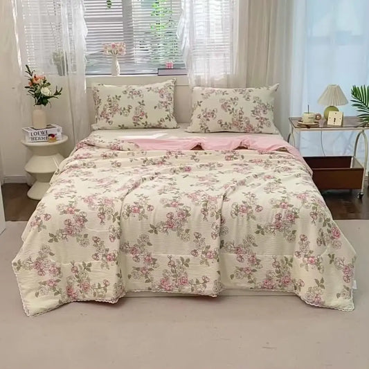 Floral Print Summer Quilt, Soft and Comfortable, Twin/double Size, Dual-Sided Use, Home Dorm Bedding, Multiple Sizes Available, Reversible Quilt