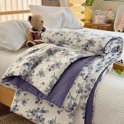 Cooling Quilt - Ultra-Breathable, Soft, Flat Weave Cotton Summer Comforter, 150cmx200cm/59inx79in Floral Garden Print Lightweight Blanket, Machine Washable, Office-Ready Cool, USA Stock, 24hr Ship