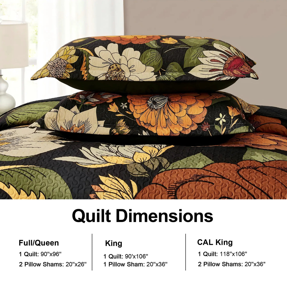 Tyrot 3-Piece Queen/King Fit Bohemian Quilt Comforter Set - Set Includes Wrinkle-Resistant Microfiber Coverlet, 2x20"x26" Shams, Farmhouse Botanical Mid-Century Leaves, Reversible Breathable Fade-Proof All-Seasons Black Bedding (Queen Size)