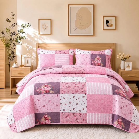 【Back to School】Botanical Floral Quilt Set – Reversible Lightweight Bedspread, Soft Boho Printed Coverlet for All Seasons, Machine Washable Bedding, 1 Pillow Sham for Twin, 2 Pillow Shams for Queen/King