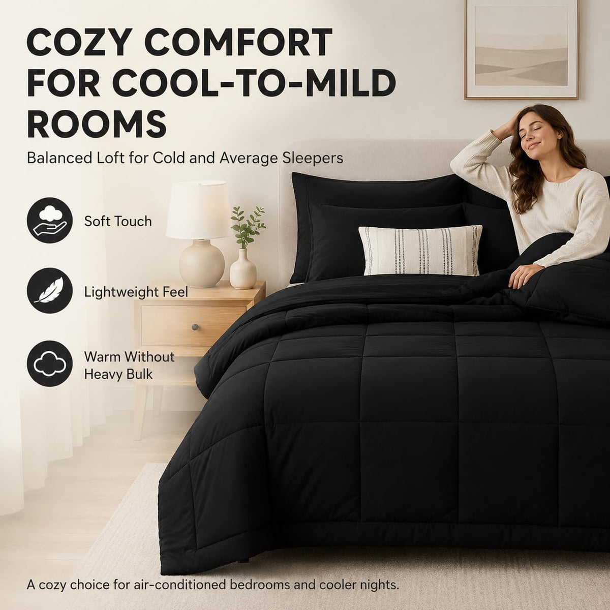 CozyLux Queen Comforter Set Black - 7 Pieces Bed in a Bag