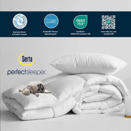 Serta Goose Feather Down Fiber Comforter Queen Size - 100% Cotton Cover Duvet Insert - Hotel Luxury Hypoallergenic Bedding Comforter All Season Medium Warmth 90 x 90 Inch White