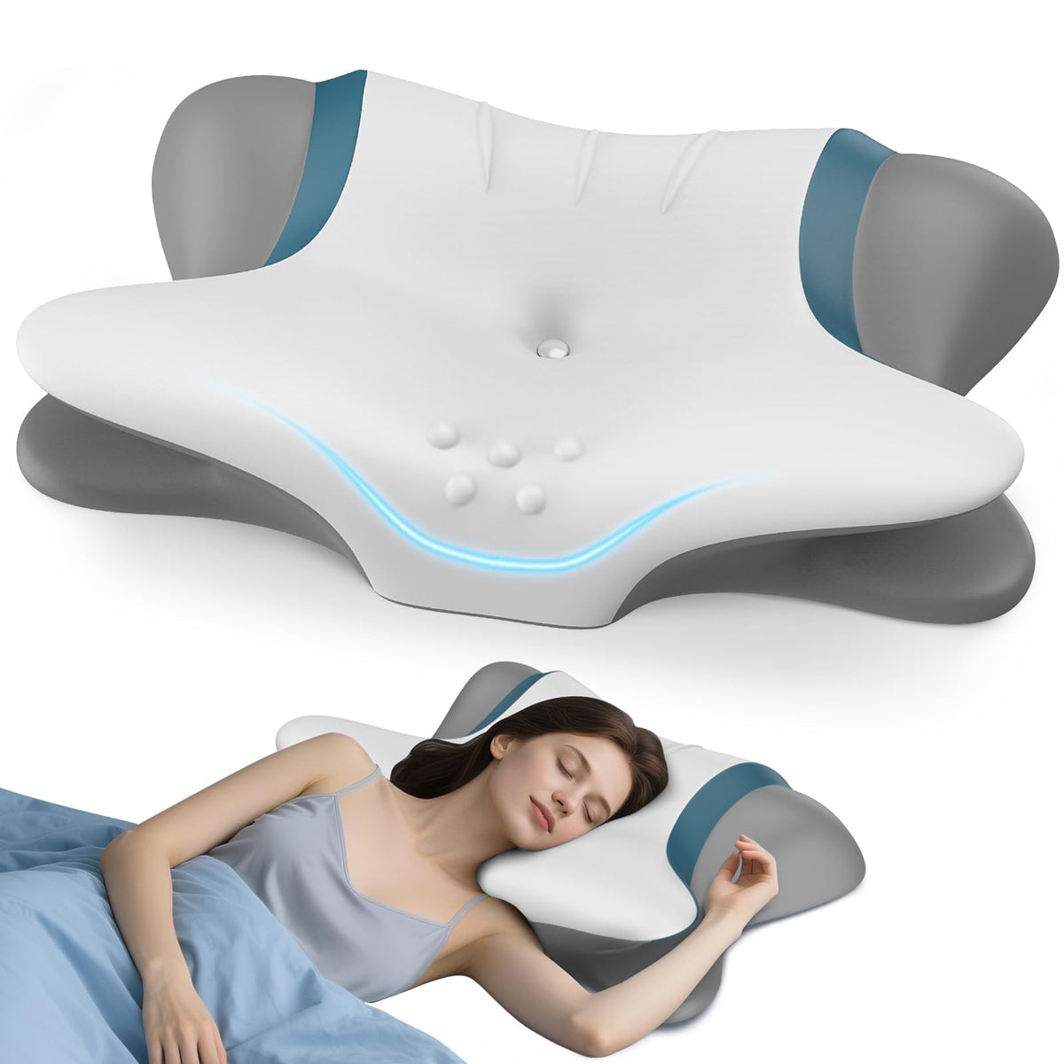 Cervical Pillow for Neck Pain Relief, Ergonomic Neck Pillow for Sleeping, Orthopedic Side Sleeper Pillow for Neck Support, Cooling Memory Foam Pillows Contour Pillow for Back Stomach Sleepers (Blue)