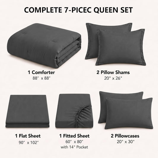 HIMEET Queen Comforter Set, 7-Piece Point-Quilted Bed in a Bag Dark Grey