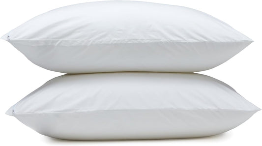 Amazon Basics Down Alternative Bed Pillows and Pillow Protector Case Set, Medium Density, Standard Size 26" x 20", Hypoallergenic, Microfiber, Washable, White, 2-Pack