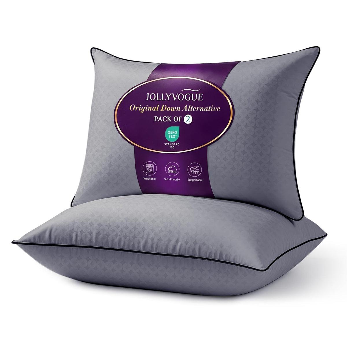 JOLLYVOGUE Pillows Standard Size Set of 4, Washable Supportive Firm Bed Pillows with Oeko-Tex Certified Soft Down Alternative Fill, Luxury Hotel Quality for Side, Back and Stomach Sleepers