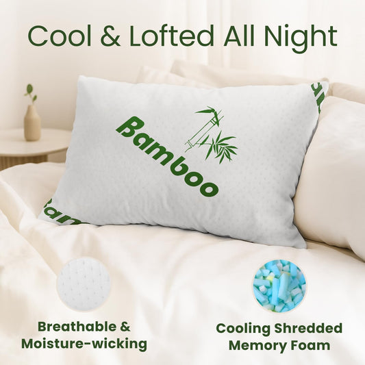 Memory Foam Pillows Queen Size Set of 2 - Cooling Bed Pillows for Sleeping - Back, Stomach, Side Sleeper Firm, Comfy Cool Shredded - 2 Pack, Rayon Derived from Bamboo