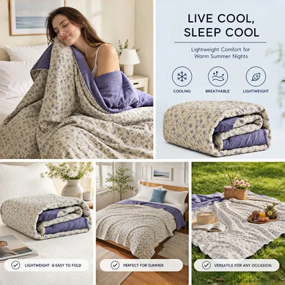 Cooling Quilt - Ultra-Breathable, Soft, Flat Weave Cotton Summer Comforter, 150cmx200cm/59inx79in Floral Garden Print Lightweight Blanket, Machine Washable, Office-Ready Cool, USA Stock, 24hr Ship