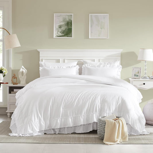 Cupocupa White Queen Comforter Set, 3Pcs Ruffle Comforters Queen/Full Size Farmhouse Bedding Sets with Comforter, Lightweight Fluffy Soft Shabby Chic Bedding Comforter Sets