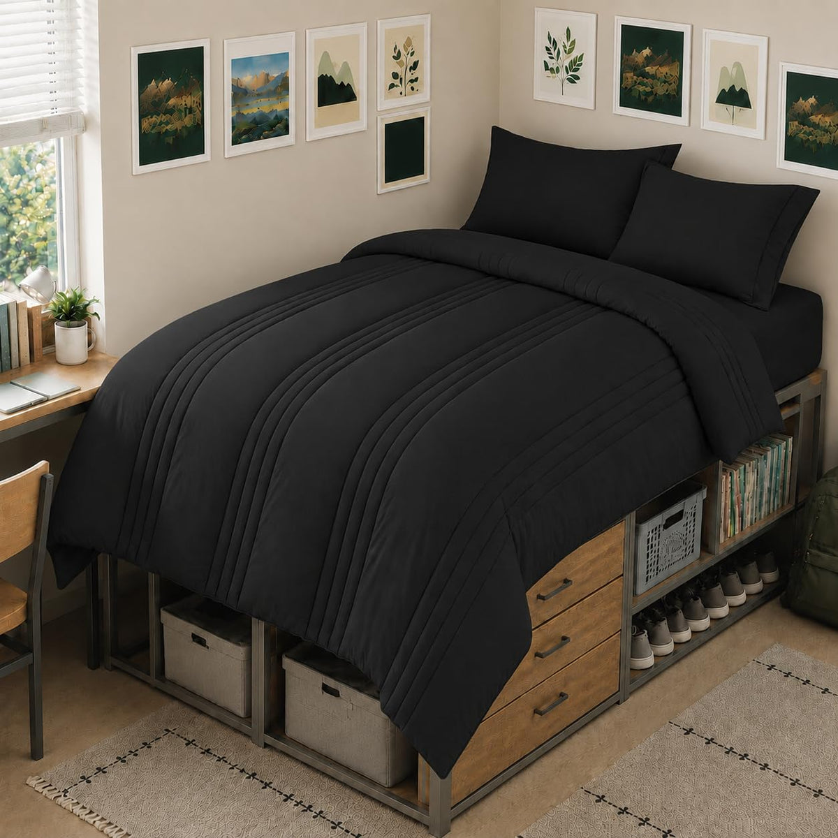 CozyLux Queen Comforter Set Beige - 7 Pieces Vertical Quilted Bed in a Bag