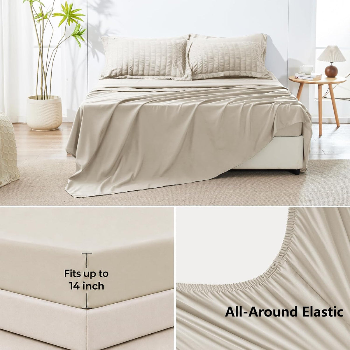 HIMEET Queen Comforter Set, 7-Piece Seersucker Bed in a Bag, Beige
