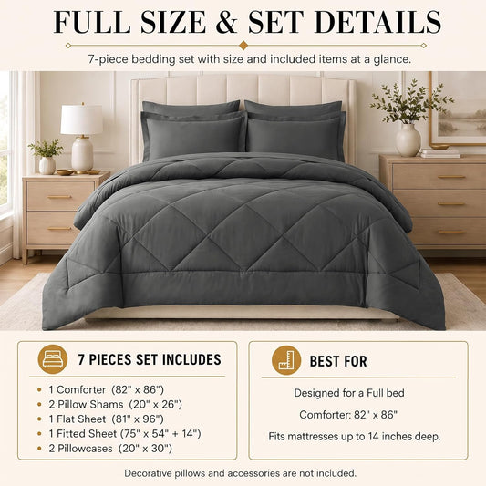 CozyLux Full Comforter Set 82"x86" Dark Grey - 7 Piece Bed in a Bag