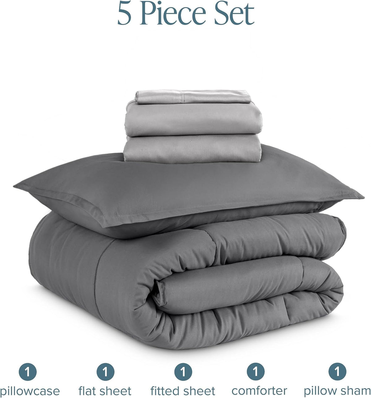 Bare Home Bed-in-A-Bag 5 Piece Set (Twin XL, Grey/Light Grey)