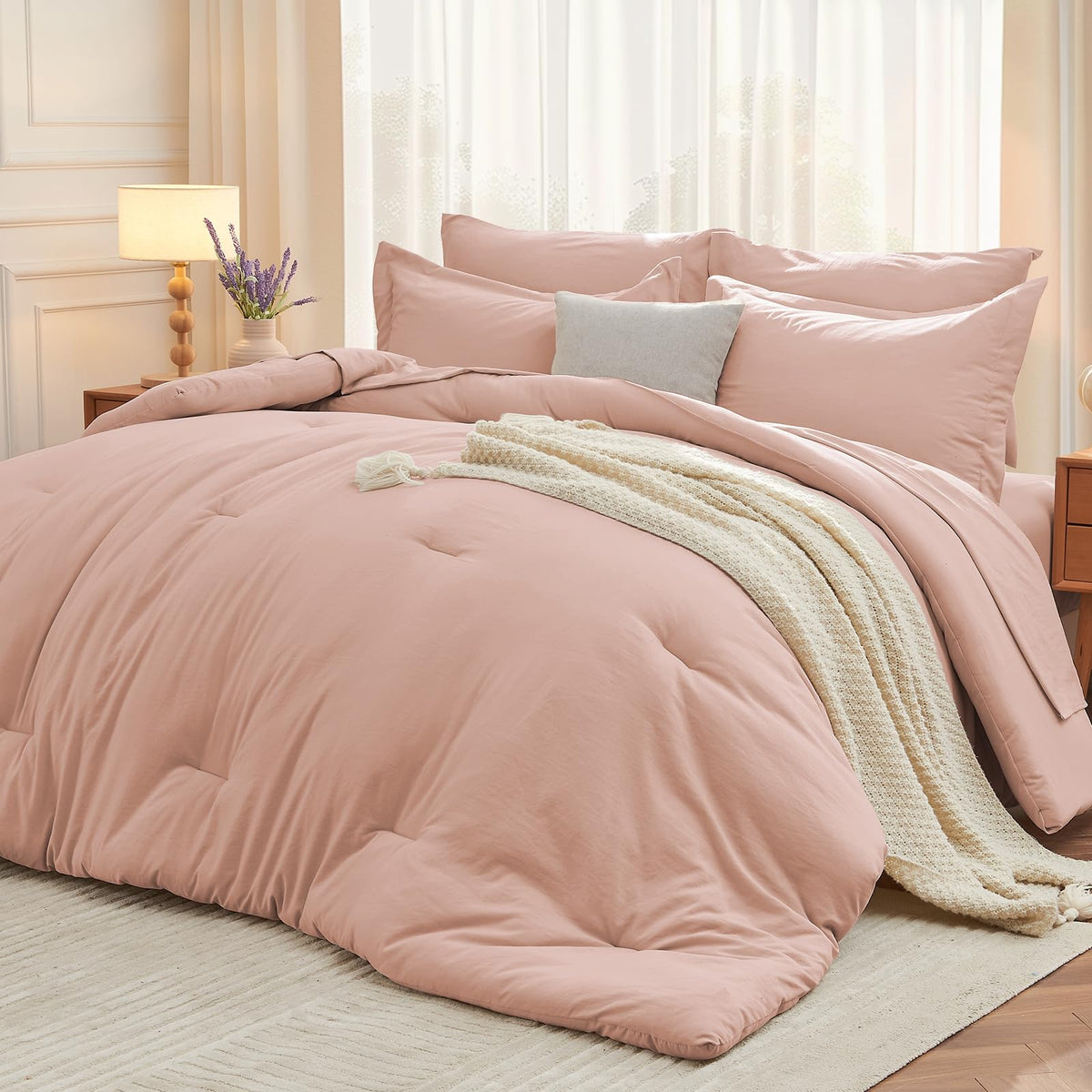MUXHOMO Queen Comforter Set 7 Pieces, Soft Bed in a Bag, Beige