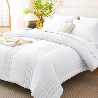 CozyLux Queen Comforter Set Beige - 7 Pieces Vertical Quilted Bed in a Bag