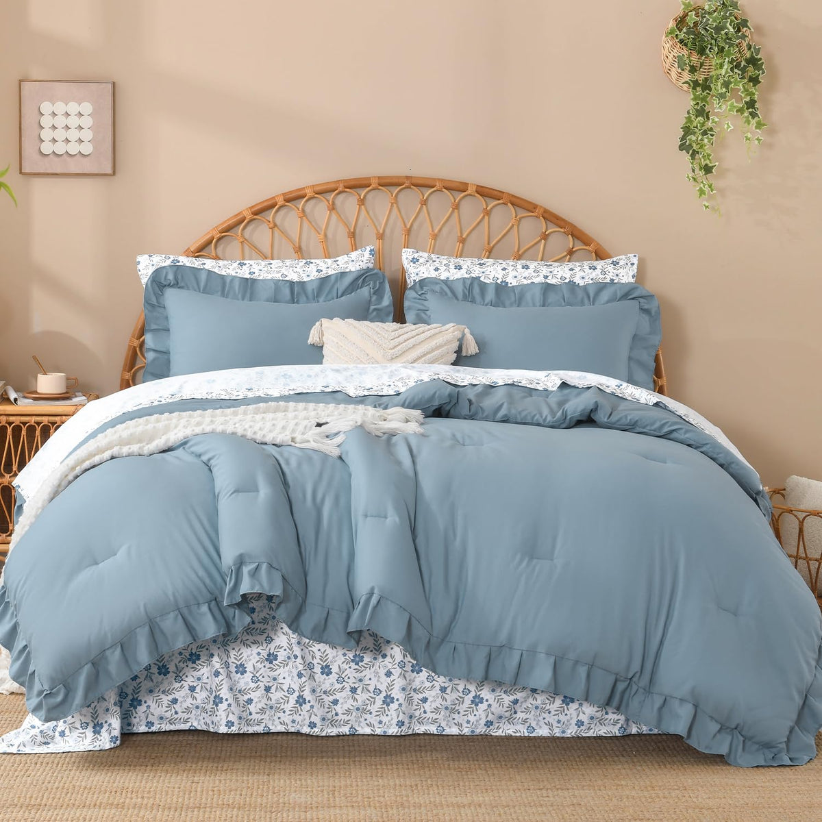 Litanika 7Pcs Full Ruffled Sage Green Comforter Set with Floral Sheets