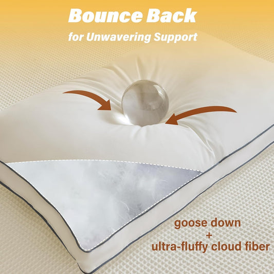 Goose Down Fiber Pillows, Gusseted Pillows Queen Size Set of 2