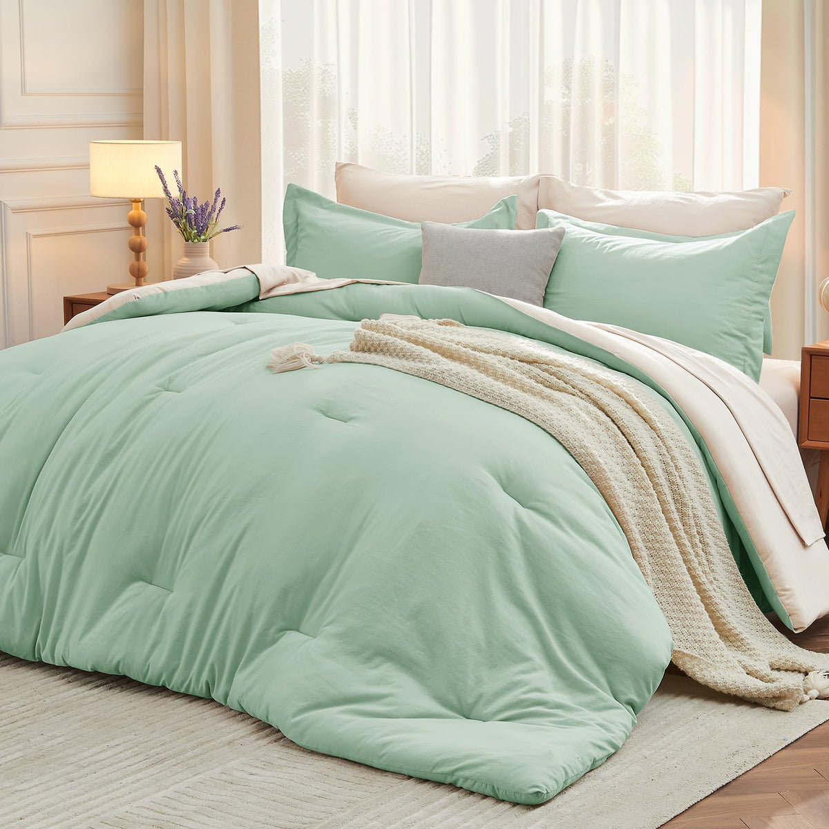 MUXHOMO Queen Comforter Set 7 Pieces, Soft Bed in a Bag, Beige