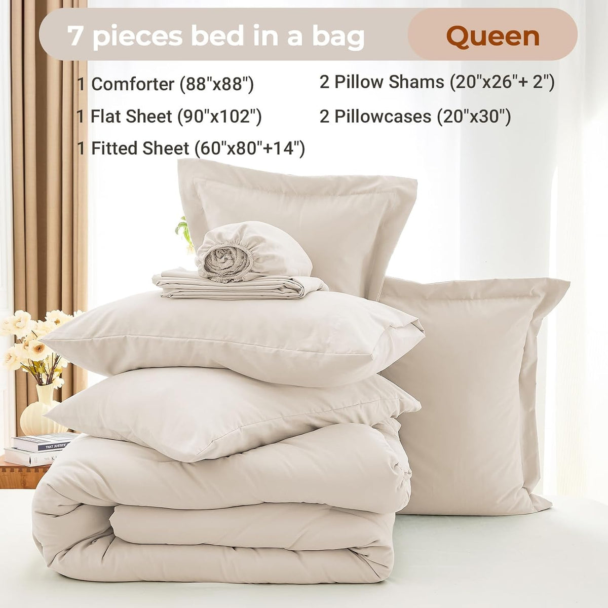 MUXHOMO Queen Comforter Set 7 Pieces, Soft Bed in a Bag, Beige