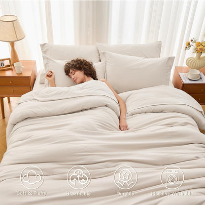 MUXHOMO Queen Comforter Set 7 Pieces, Soft Bed in a Bag, Beige