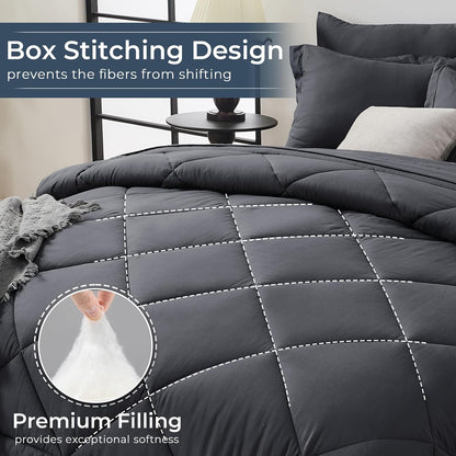 HEVUMYI 7-Piece Queen Comforter Set, Dark Grey Bed in a Bag
