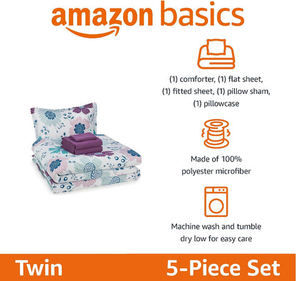 Amazon Basics 5-Piece Soft, Easy-Wash Microfiber Kid's Bed-in-a-Bag Bedding Set with Sheet and Comforter, Twin, Bluish Flowers