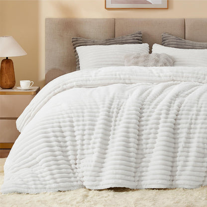 BEDELITE Fleece Queen Comforter Set, Fluffy Bed Set, Cream White