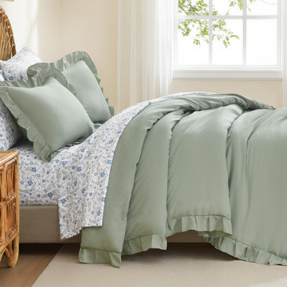 Litanika 7Pcs Full Ruffled Sage Green Comforter Set with Floral Sheets