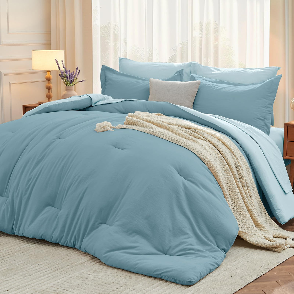 MUXHOMO Queen Comforter Set 7 Pieces, Soft Bed in a Bag, Beige