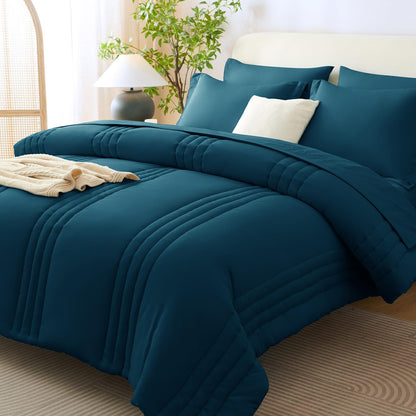 CozyLux Queen Comforter Set Beige - 7 Pieces Vertical Quilted Bed in a Bag
