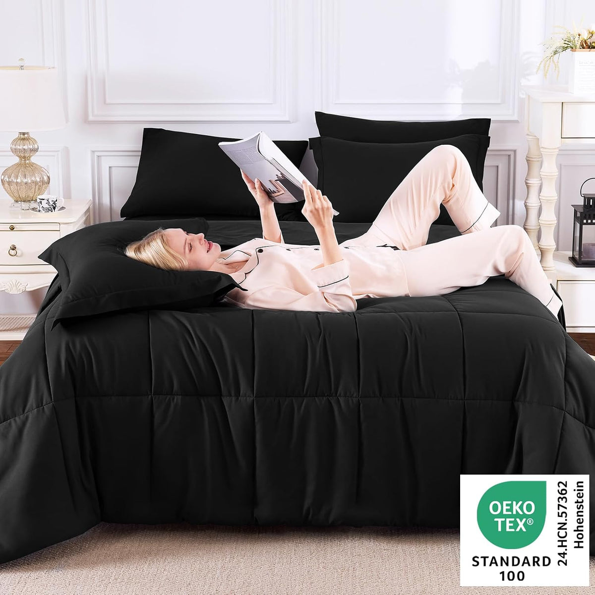 CozyLux Queen Comforter Set, 7-Piece Bed in a Bag, Black