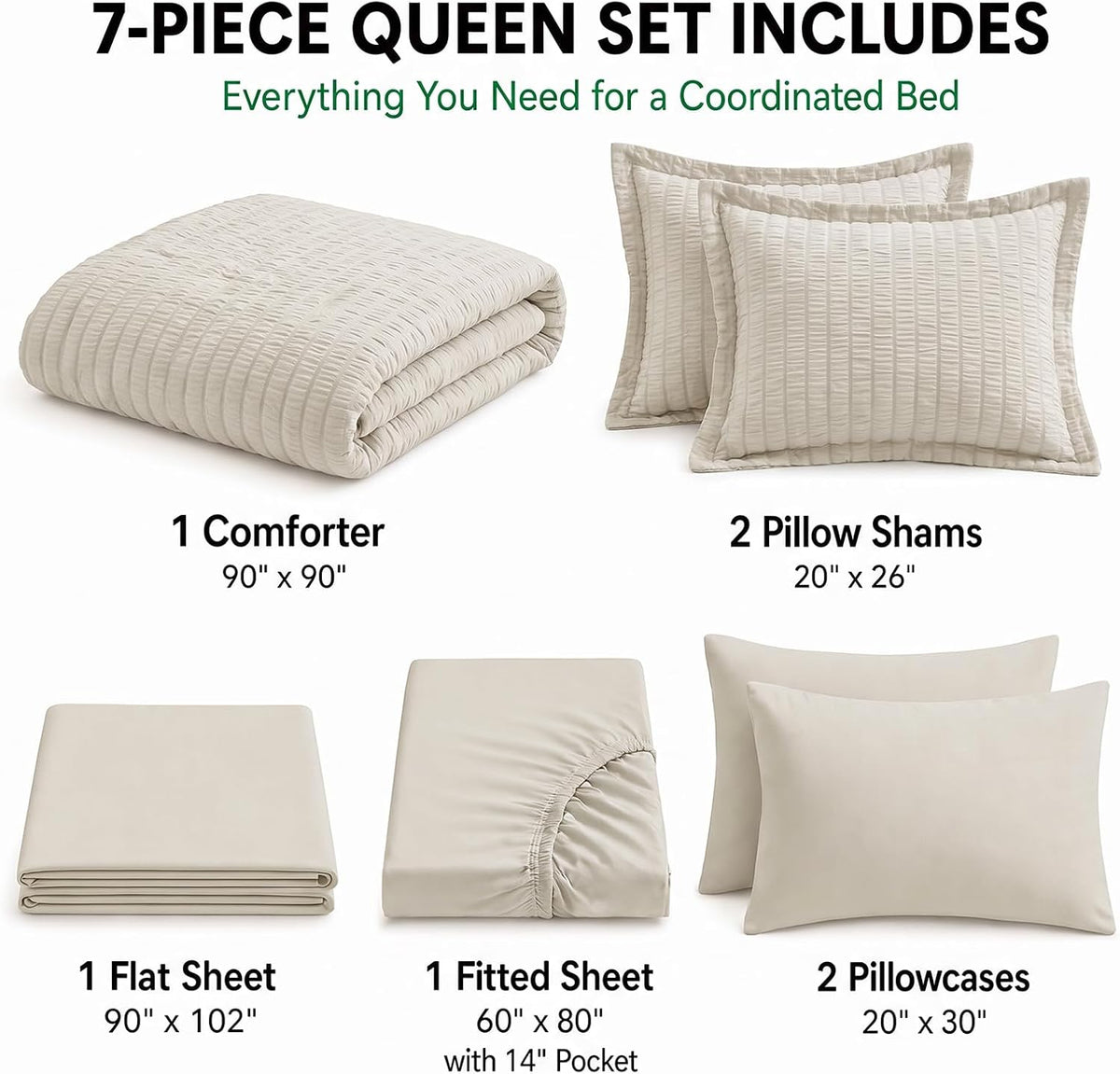 HIMEET Queen Comforter Set, 7-Piece Seersucker Bed in a Bag, Beige