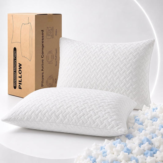 IULULU Shredded Memory Foam Pillow, 2 Pack, Standard Queen Fit