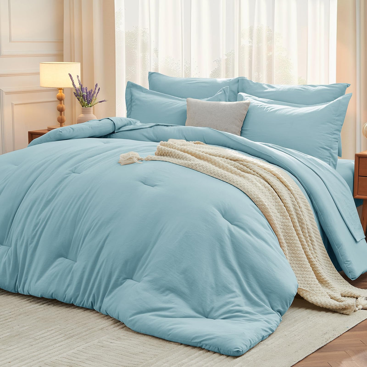 MUXHOMO Queen Comforter Set 7 Pieces, Soft Bed in a Bag, Beige
