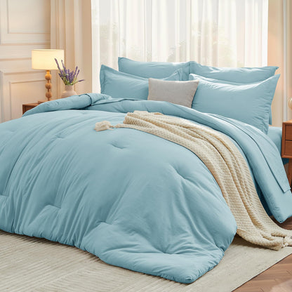 MUXHOMO Queen Comforter Set 7 Pieces, Soft Bed in a Bag, Beige