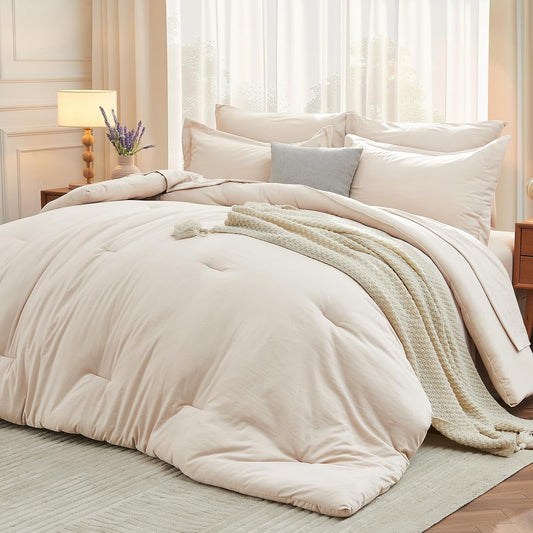 MUXHOMO Queen Comforter Set 7 Pieces, Soft Bed in a Bag, Beige