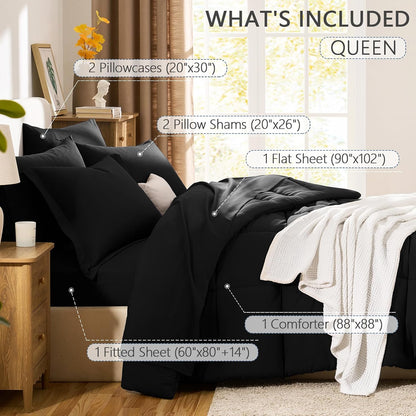 CozyLux Queen Comforter Set, 7-Piece Bed in a Bag, Black