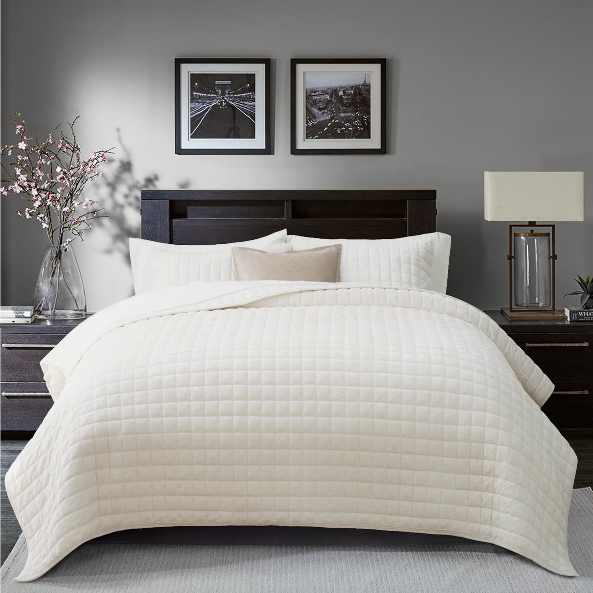 RECYCO Channel Box Stitch Velvet Quilt Set, King Size, Beige