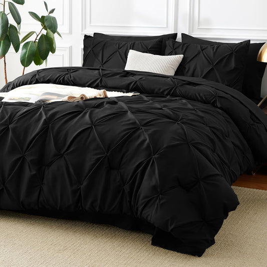 CozyLux Queen Comforter Set Black, 7 Pieces Pintuck Bed in a Bag