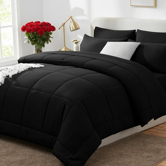 CozyLux Queen Comforter Set Black - 7 Pieces Bed in a Bag