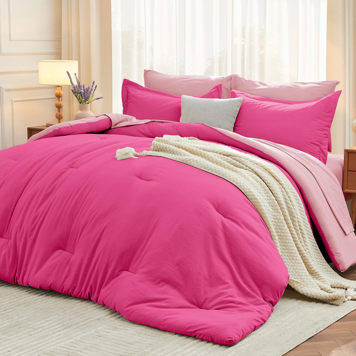 MUXHOMO Queen Comforter Set 7 Pieces, Soft Bed in a Bag, Beige