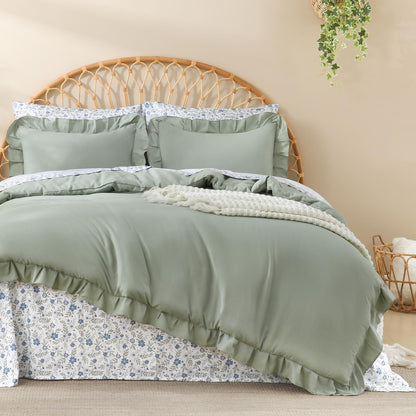 Litanika 7Pcs Full Ruffled Sage Green Comforter Set with Floral Sheets