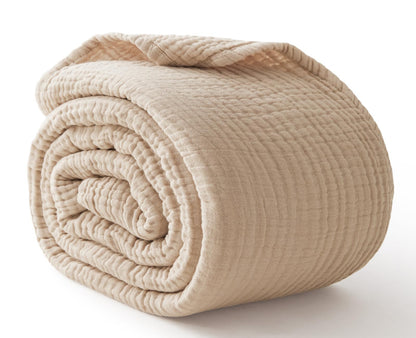 100% Cotton Muslin Blanket for Adults, 6-Layer, King, 108 x 90, Beige Linen